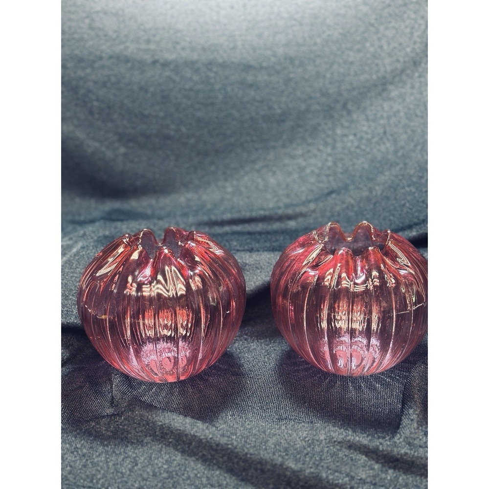 Two Cranberry To Clear Ribbed &‎ Crimped Swirl Rose Bowl Vases Ground  Pontil 5"
